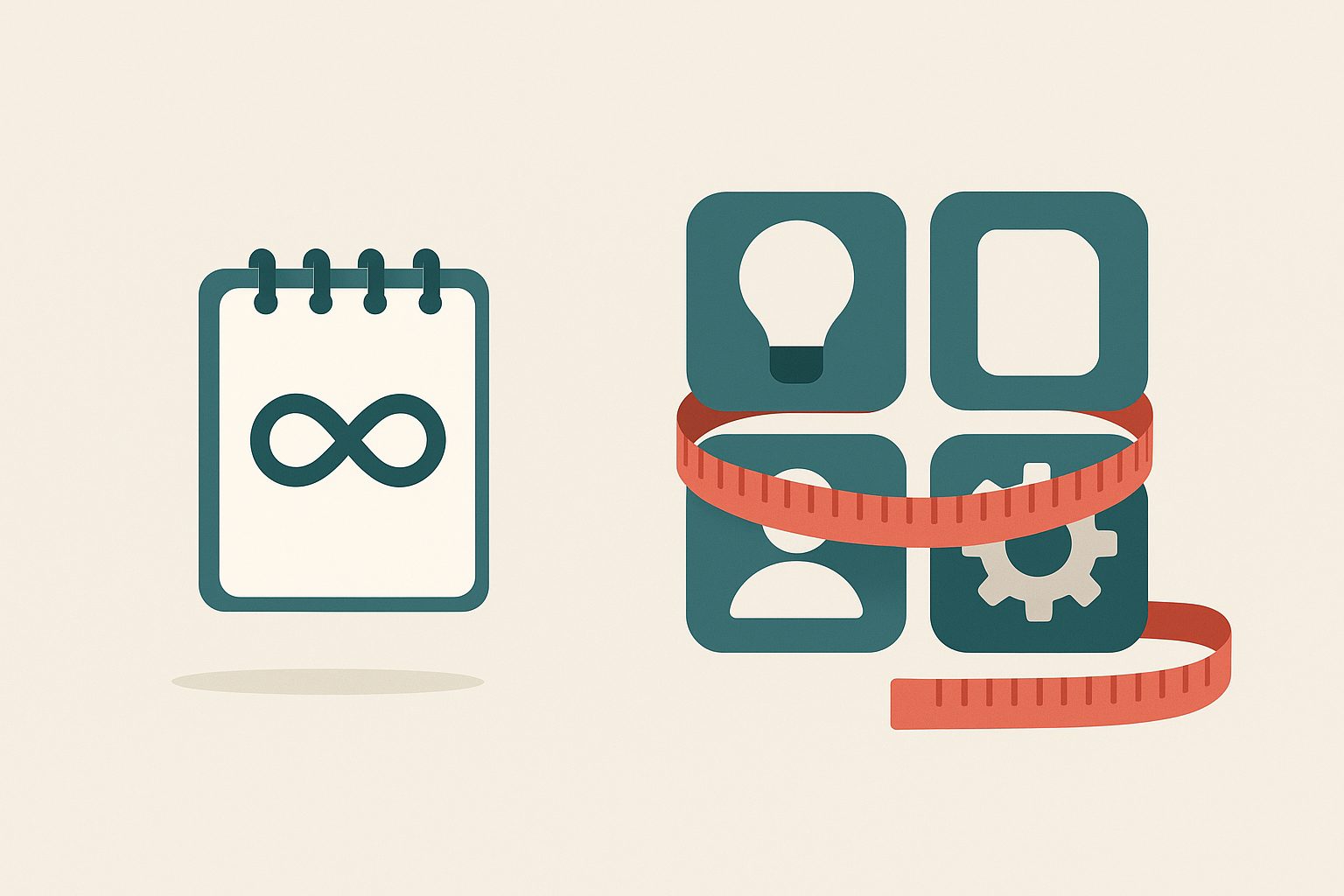 A single notepad icon with an infinity symbol, standing apart from four other icons each wrapped in a shrinking measuring tape