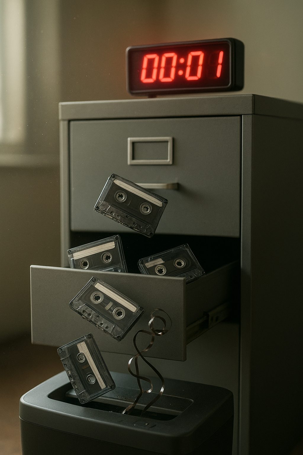 a metal filing cabinet with old audio cassette tapes sliding off a shelf into a paper shredder, a glowing countdown timer hovering above it