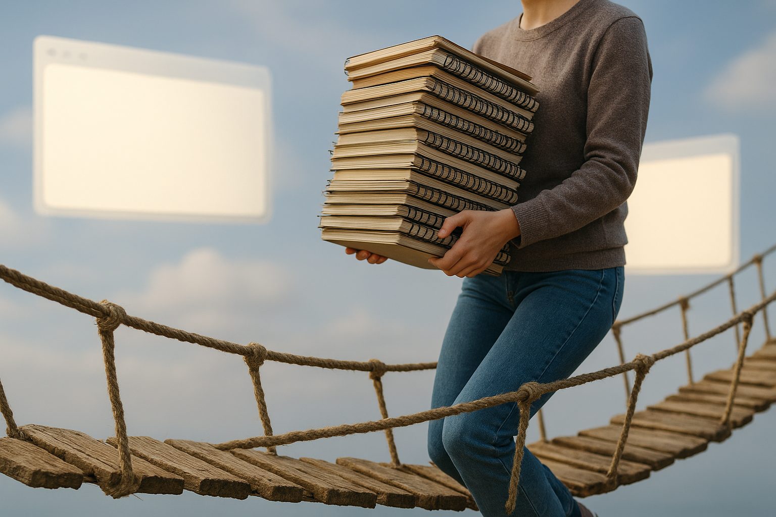 a person carrying a tall stack of spiral-bound notebooks across a rickety rope bridge strung between two floating software-window islands