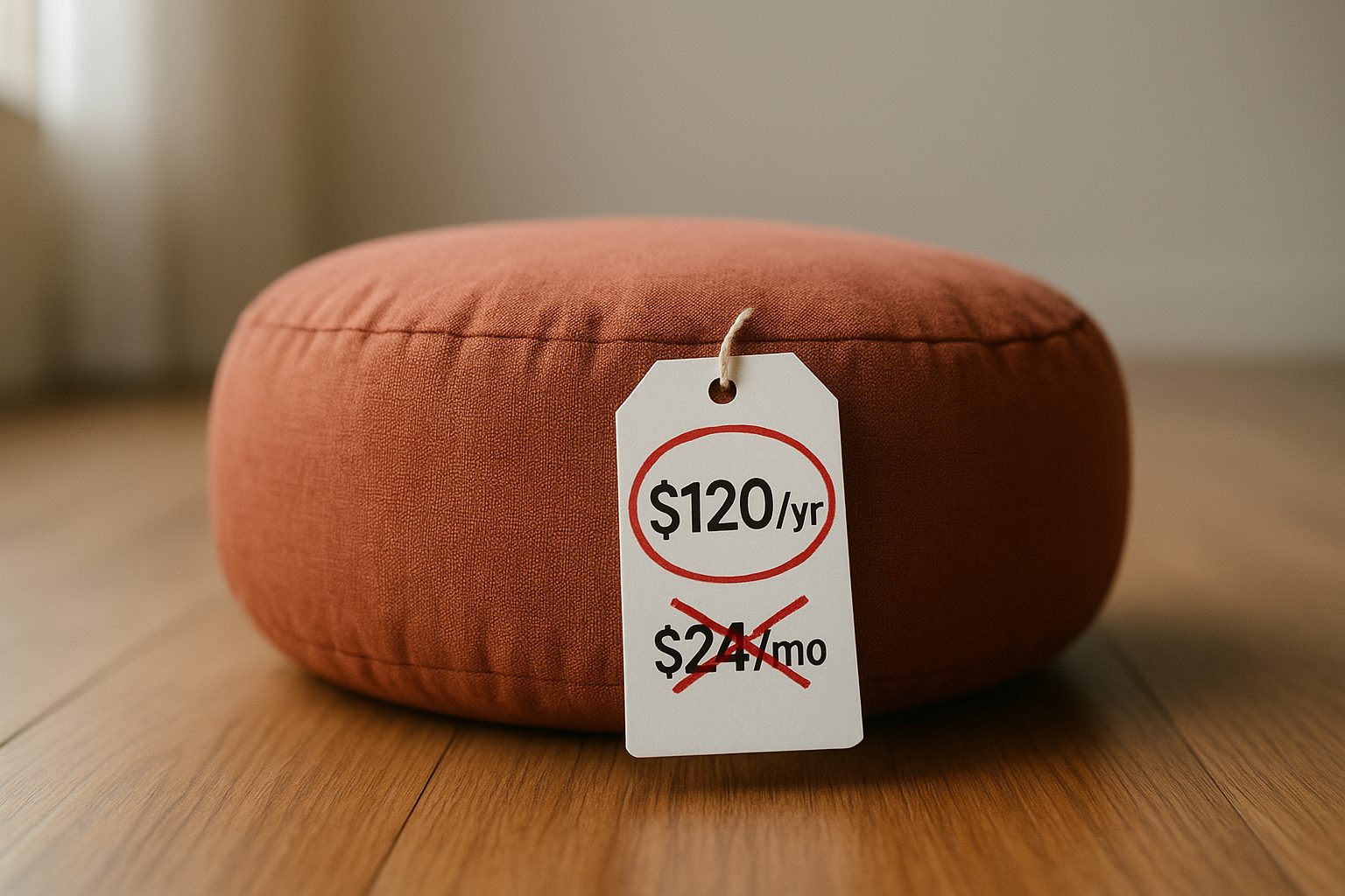 A meditation cushion with a price tag, one tag showing a low yearly number being circled approvingly while a higher monthly number is crossed out in the background