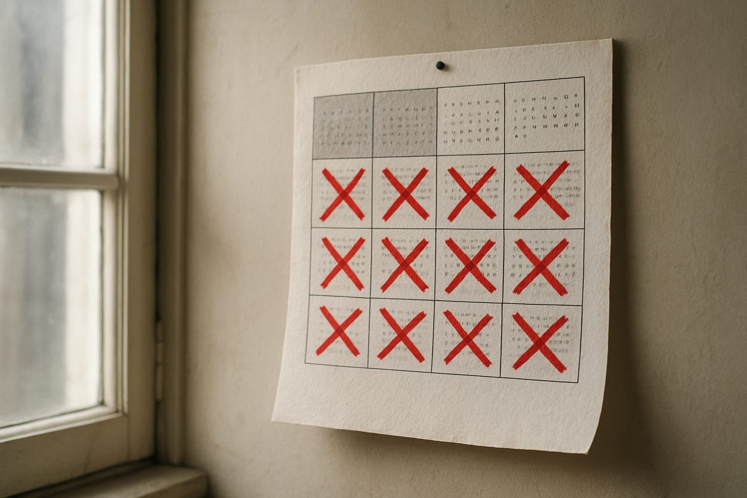 A calendar with twelve months, the first two months shaded as ‘used’ and the remaining ten crossed out with a red X, a small savings figure sitting apologetically next to the crossed-out months