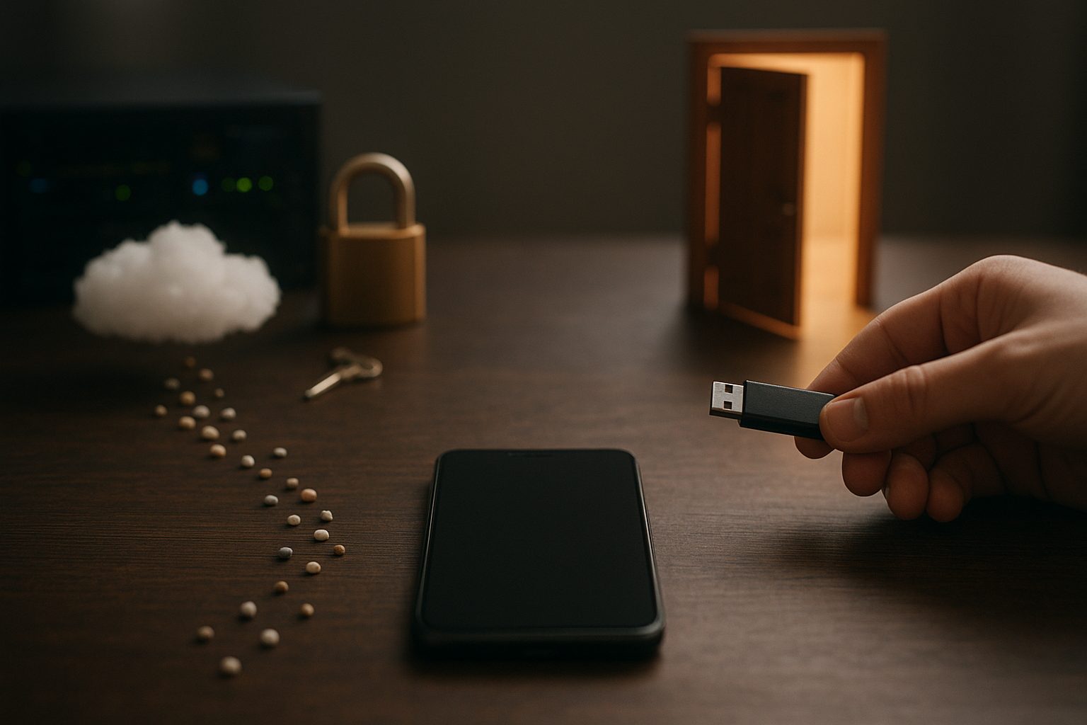 two paths diverging from a single smartphone lying on a table, one leading toward a cloud with a padlock whose key sits on a server shelf, the other to an open door with a USB drive in an outstretched hand