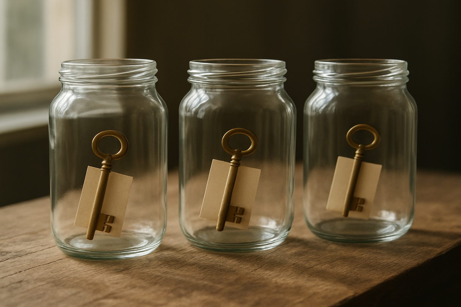 a row of three transparent glass jars each holding a single brass key and a small paper label, sunlight passing cleanly through them, no hands in the frame