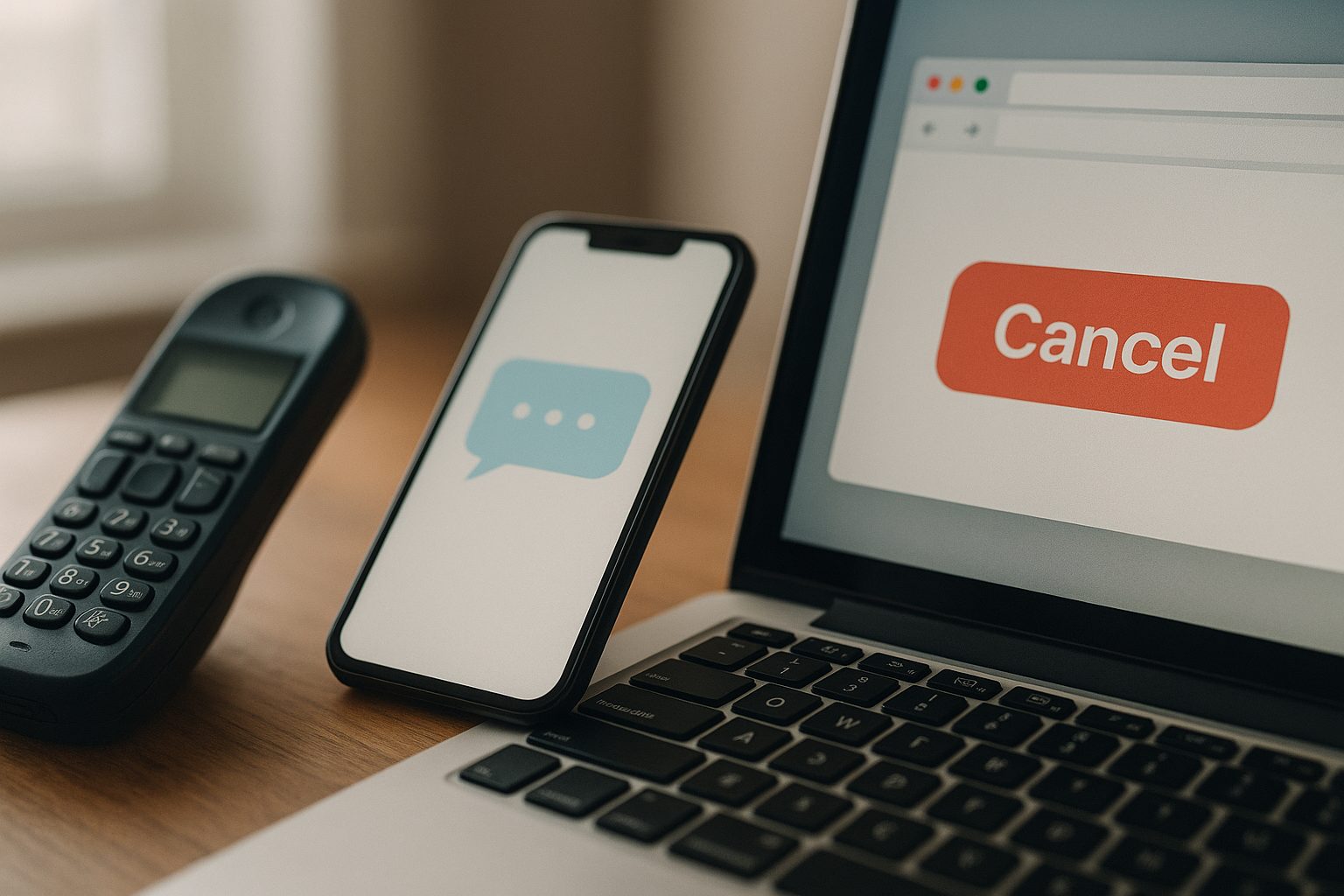 A phone receiver and a chat bubble and a browser window all pointing at the same ‘cancel’ button, with a clock in the corner