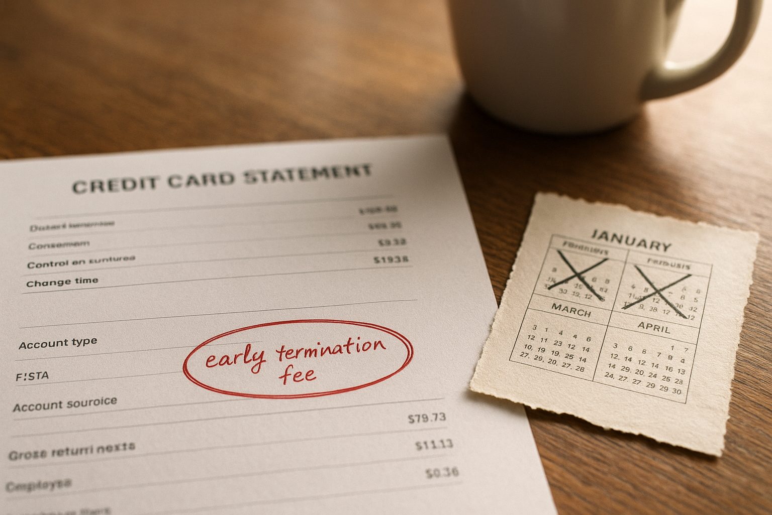 A credit card statement with one line circled and labelled ‘early termination fee’, beside a torn calendar page showing months already paid for