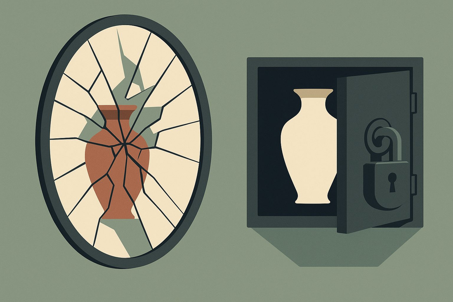 A wall mirror shattering into pieces and taking the reflected vase with it, while a separate locked steel box beside it keeps an identical vase safe and untouched