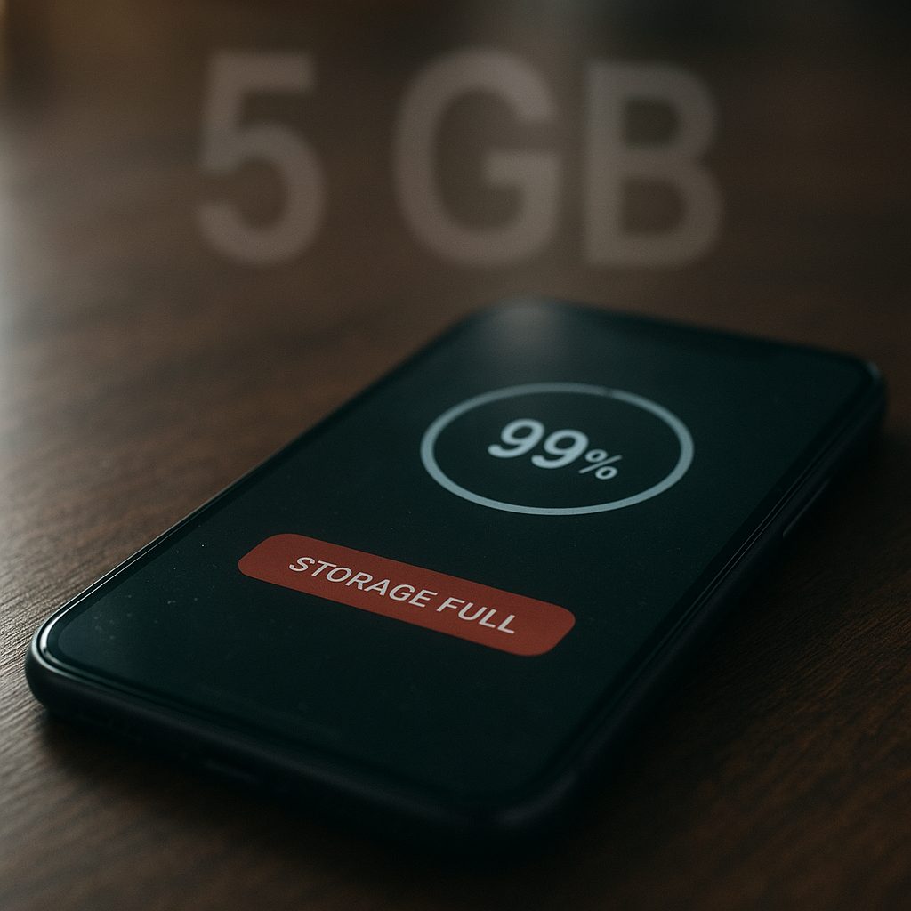 a smartphone backup screen frozen at 99 percent with a red storage-full warning, a giant grey number 5 GB dimming in the background