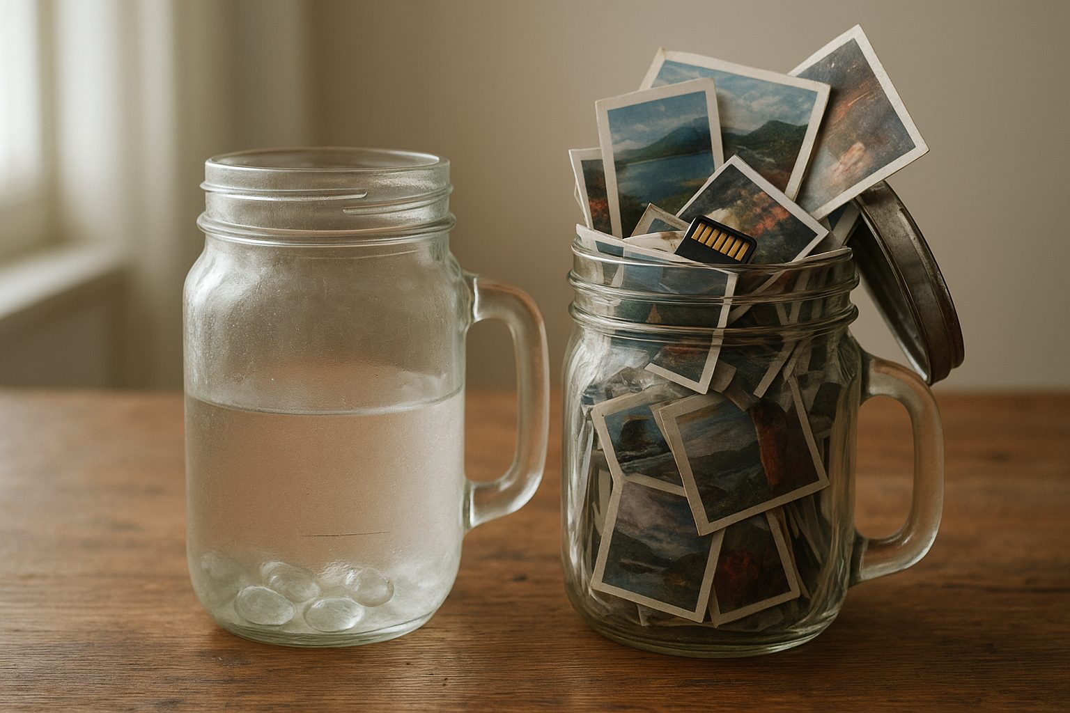 two glass jars side by side, one labeled 15 GB comfortably half full, the other labeled 5 GB with photos and videos overflowing through a cracked lid