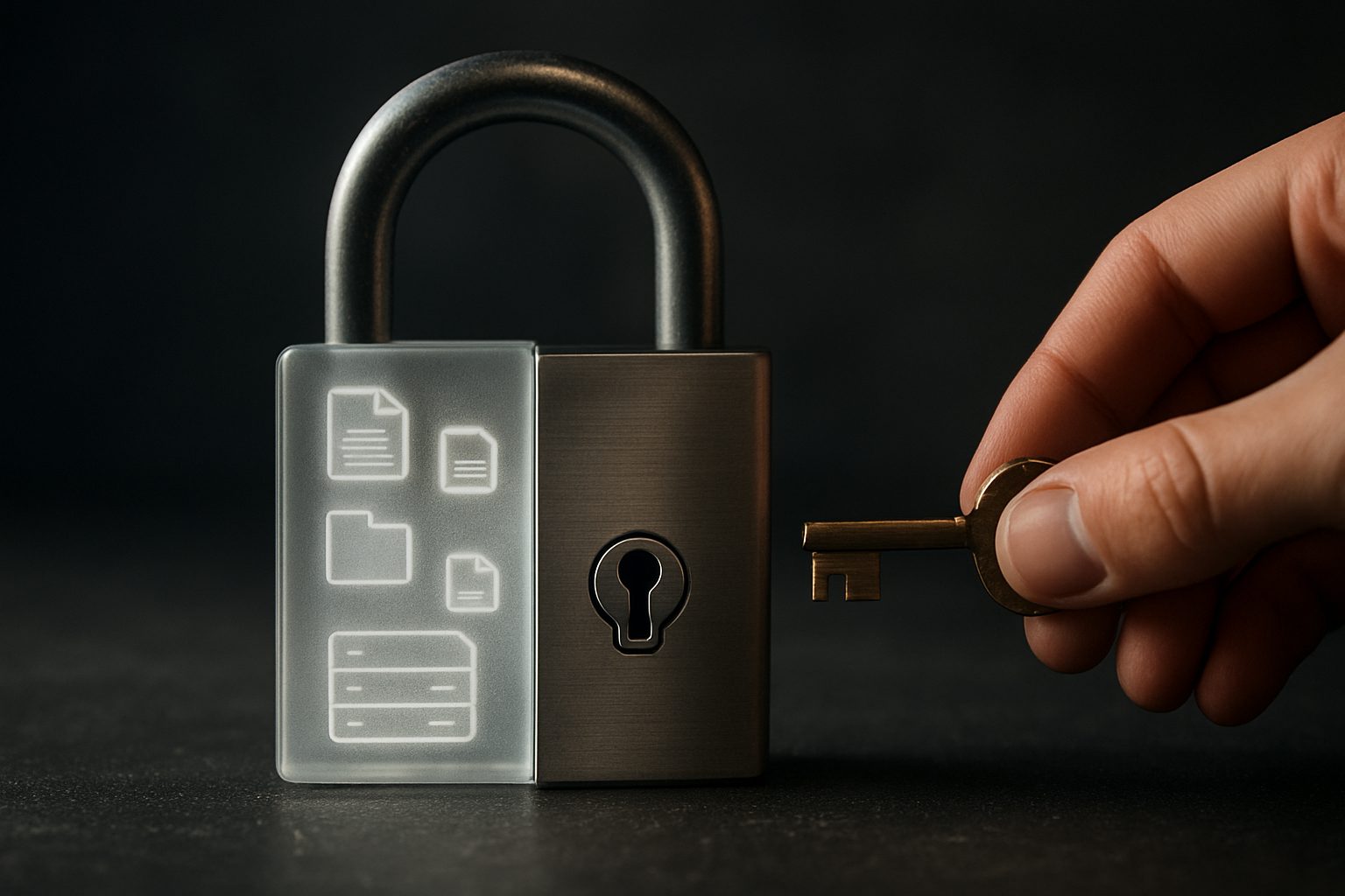 a padlock split down the middle: one half translucent showing document icons visible to a faceless server, the other half solid steel with a key held only in the owner’s hand and no keyhole on the server side