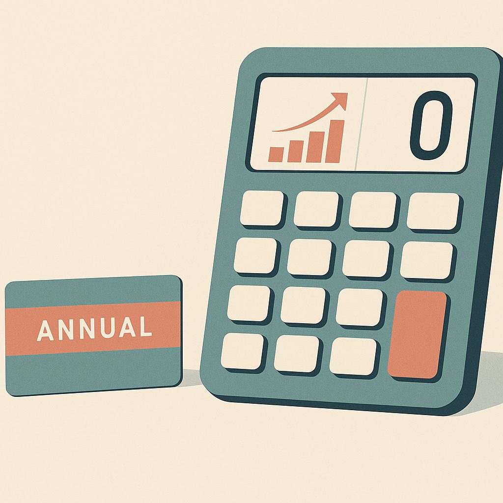 A small card labelled ‘once a year’ with a calculator showing a cost that rises as the counter stays at zero