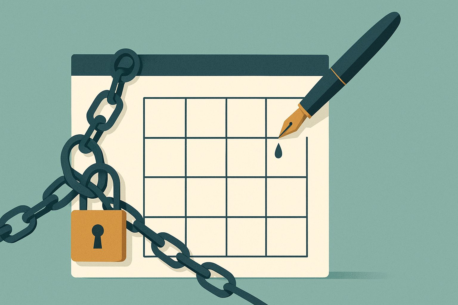 A twelve-month calendar with a chain wrapped around the first month, a pen hesitating above it