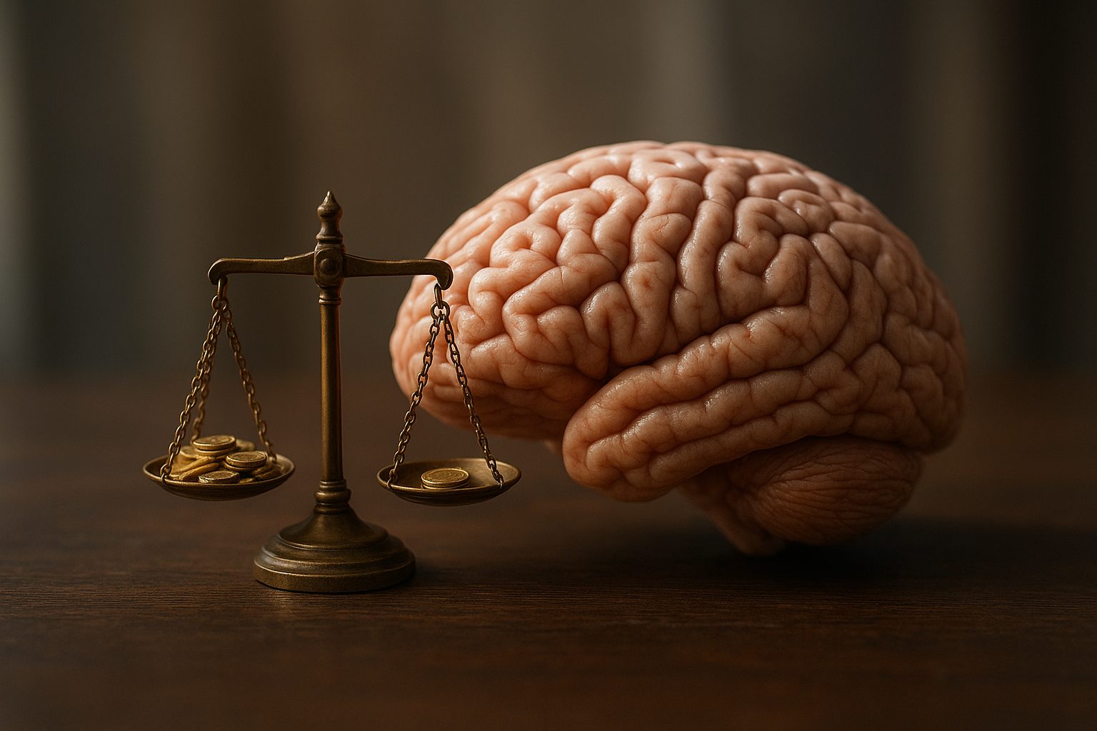 a brain holding a small pair of scales, ignoring a trickle of tiny coins spilling into one side while it happily weighs a single small coin in the other