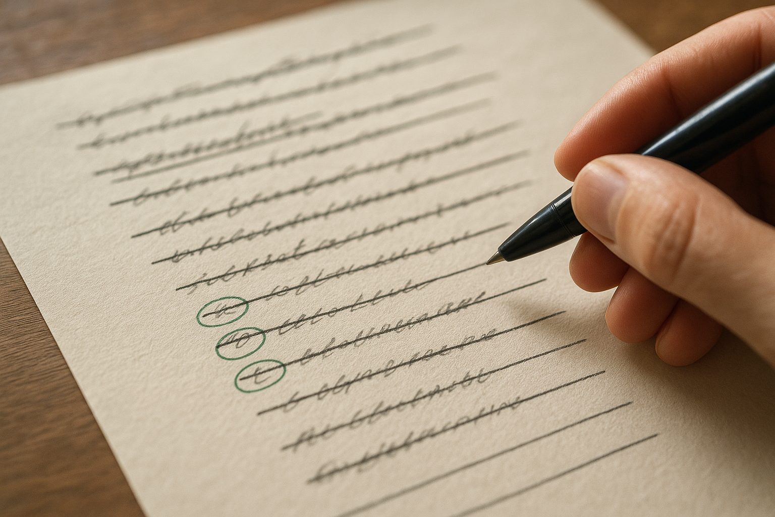 a hand crossing out all but a few lines on a long list of purchases, keeping a small handful circled in green