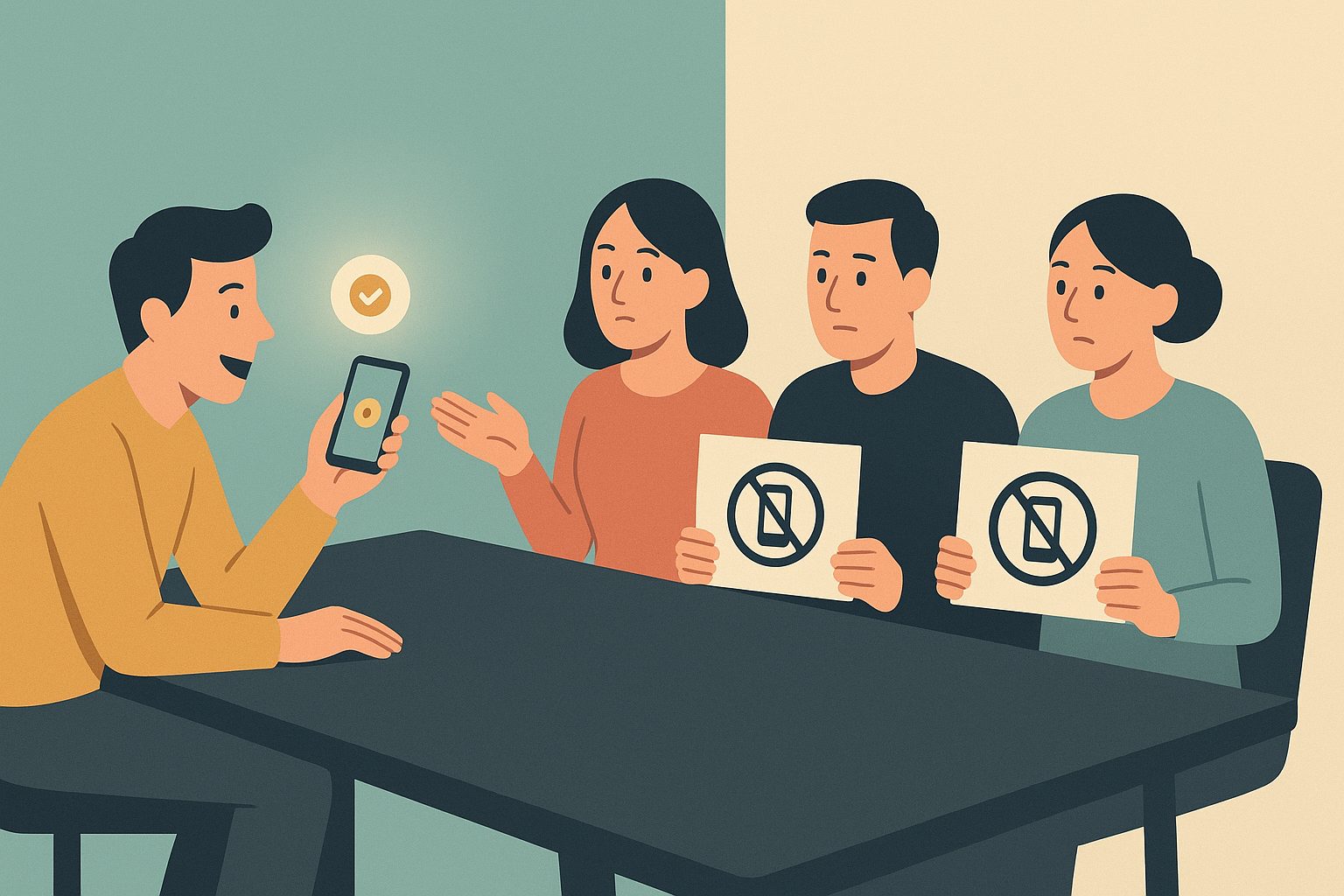 A group of people around a table, one holding a phone with a payment notification, the other three holding up signs that say they barely use it