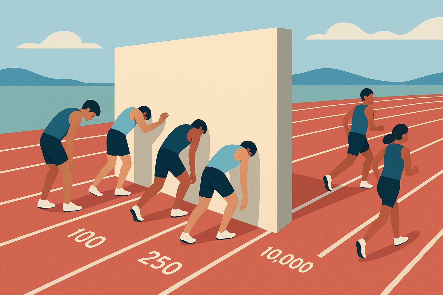 A footrace where five runners each hit a different wall: two at 250 metres, one at 100, one at 10,000