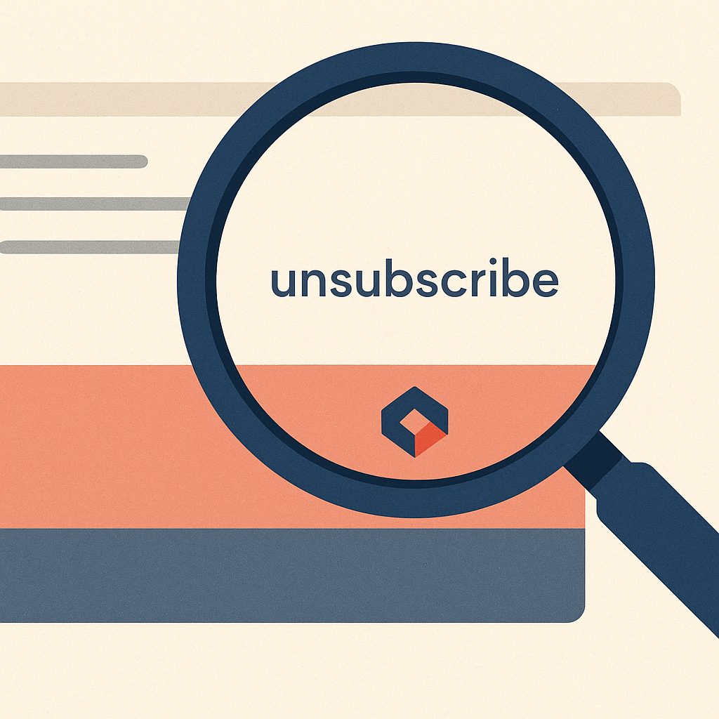 A newsletter footer magnified to show a platform logo nestled under the unsubscribe link