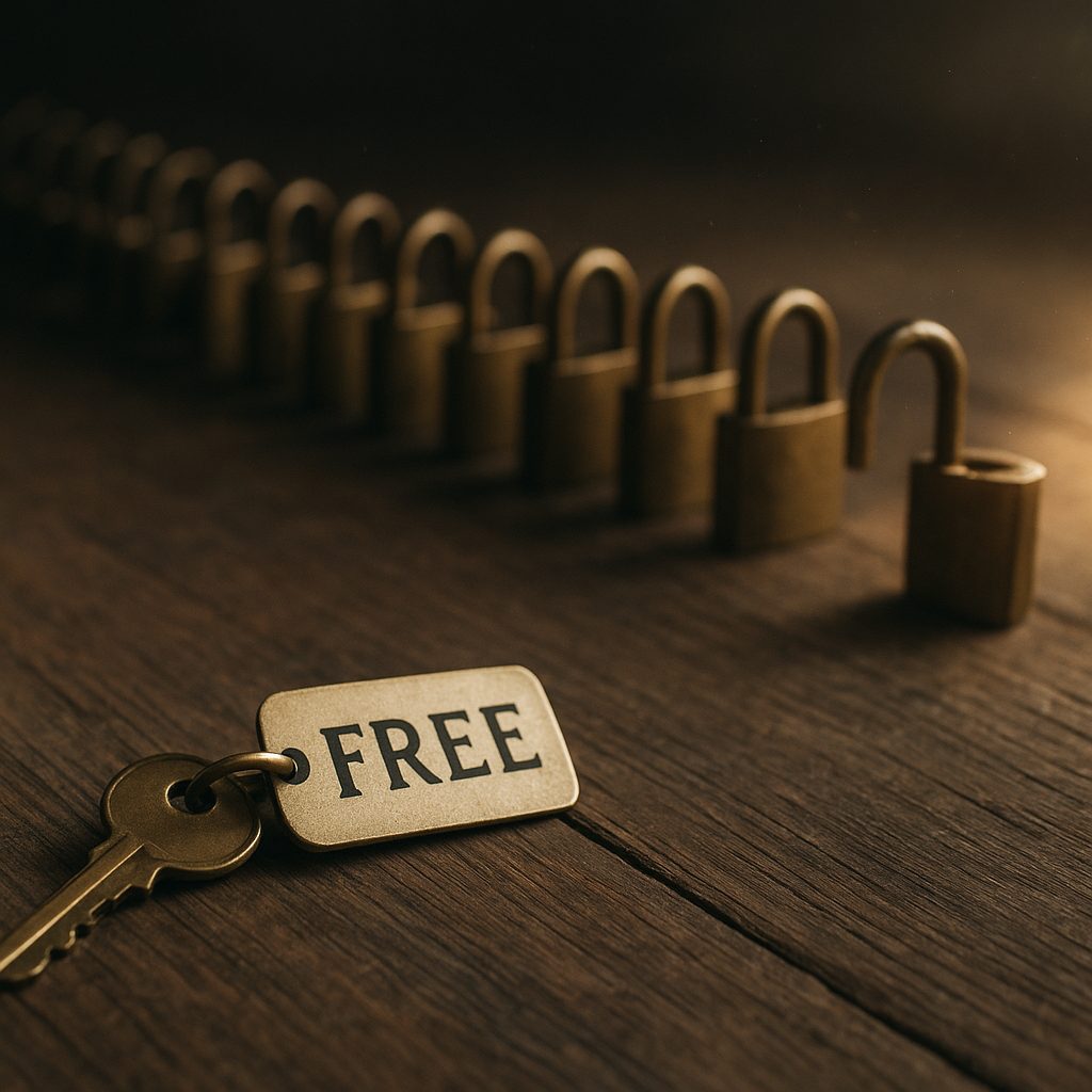 A single brass key on a keyring labeled FREE, behind it a long chain of many keys all glowing but padlocked shut, with one padlock hanging open and empty