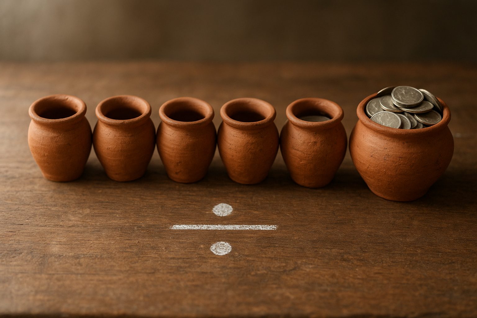 Six small clay money jars in a row on a table, five holding a single coin each and the sixth overflowing with coins, a division sign drawn in chalk on the tabletop