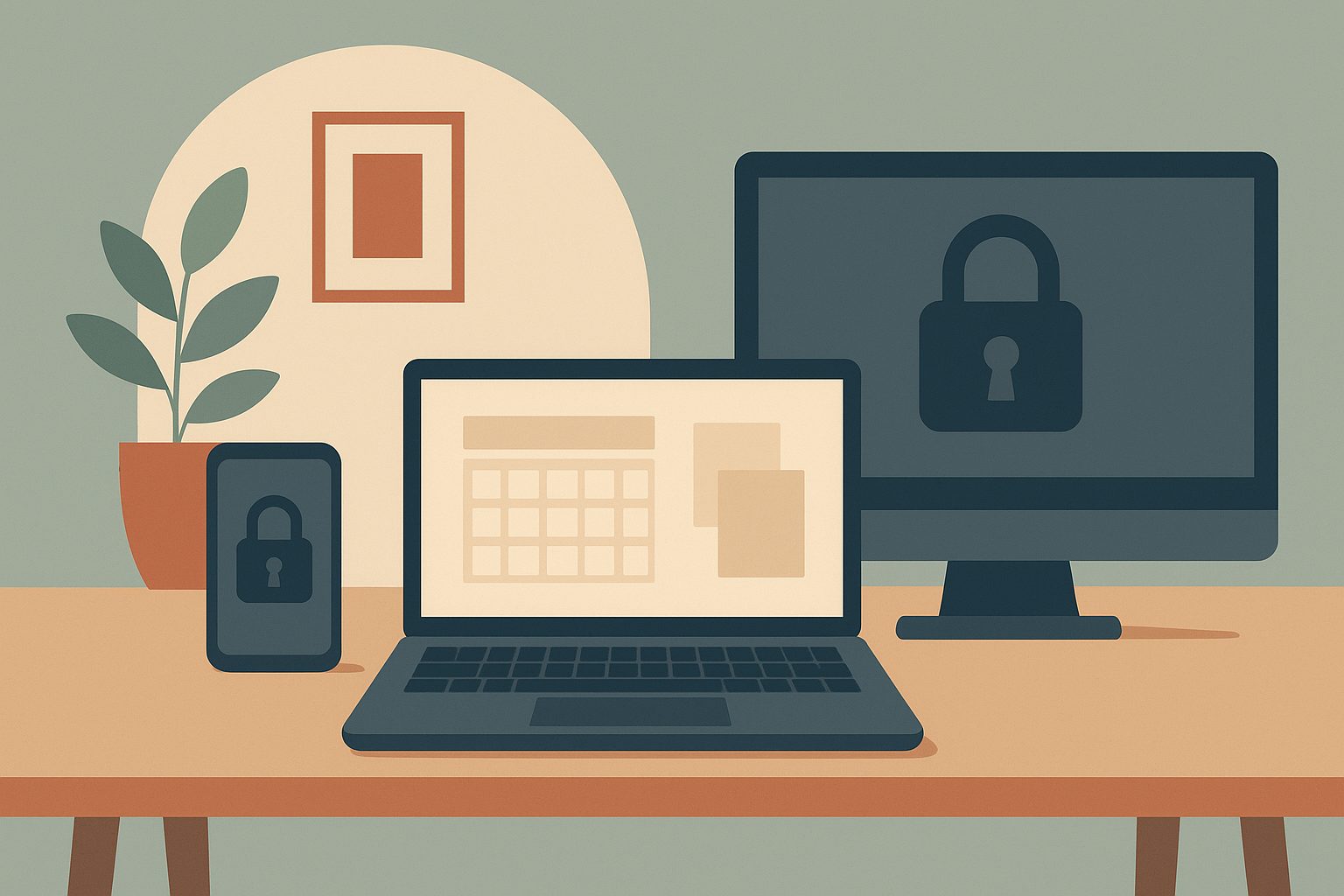 Three devices on a desk, two showing a lockout screen while only the laptop stays signed in