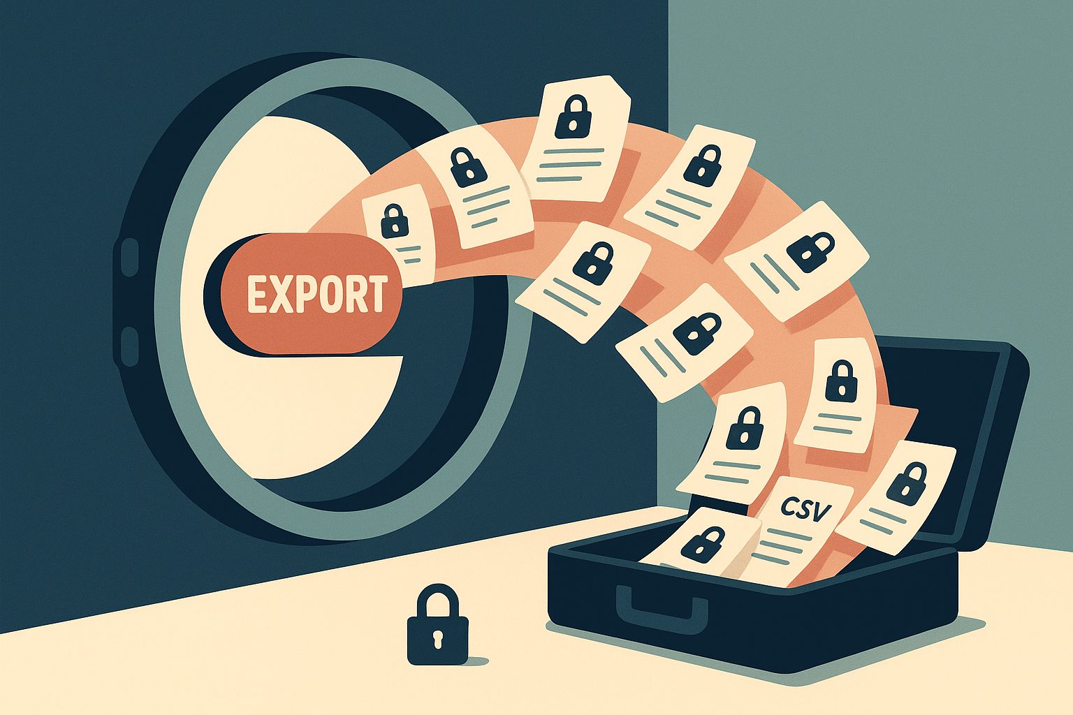 A vault export button pouring CSV data into a briefcase, one lock left behind