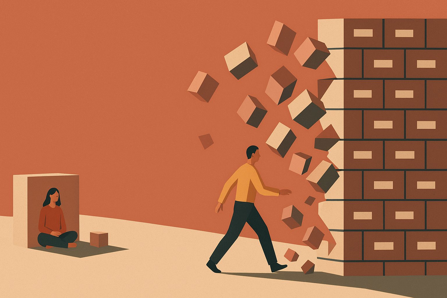 A wall of labelled blocks collapsing as a second person walks toward them, while a separate person sits untroubled alone