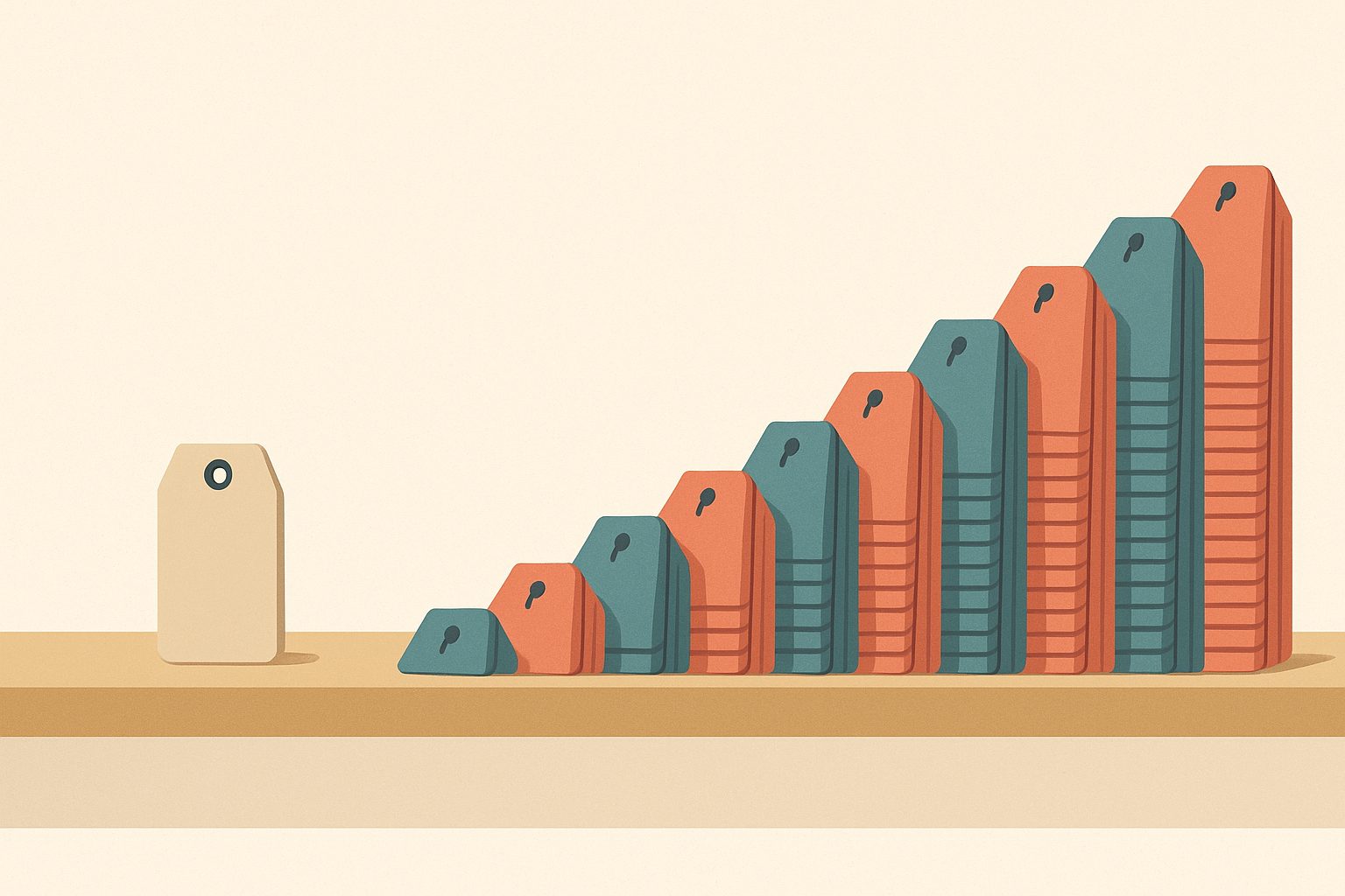 A low price tag on a shelf while a line of small “+$9 AI, +$10 add-on” tags trails off behind it, growing the total