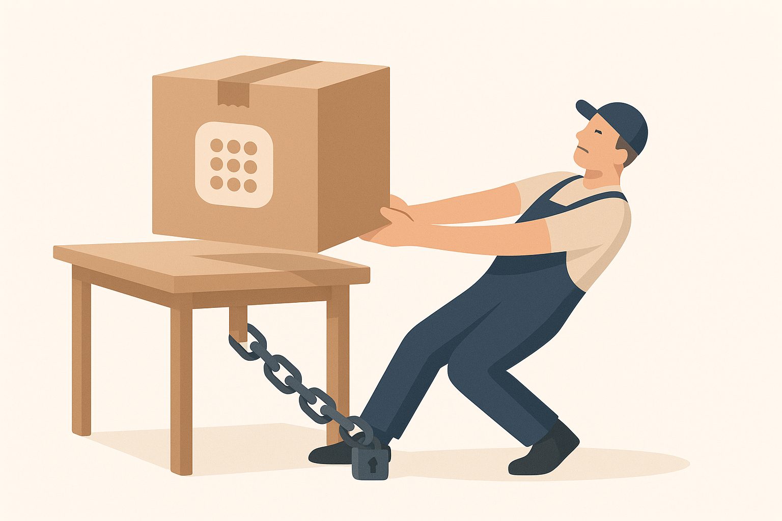 A moving box labelled with an app icon, a heavy chain tethering it to a desk while a mover strains to lift it