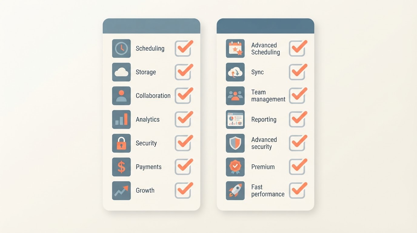 Two columns of software feature checkboxes being compared side by side