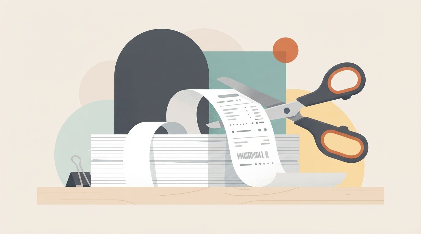 Scissors cutting a long receipt that wraps around a stack of papers