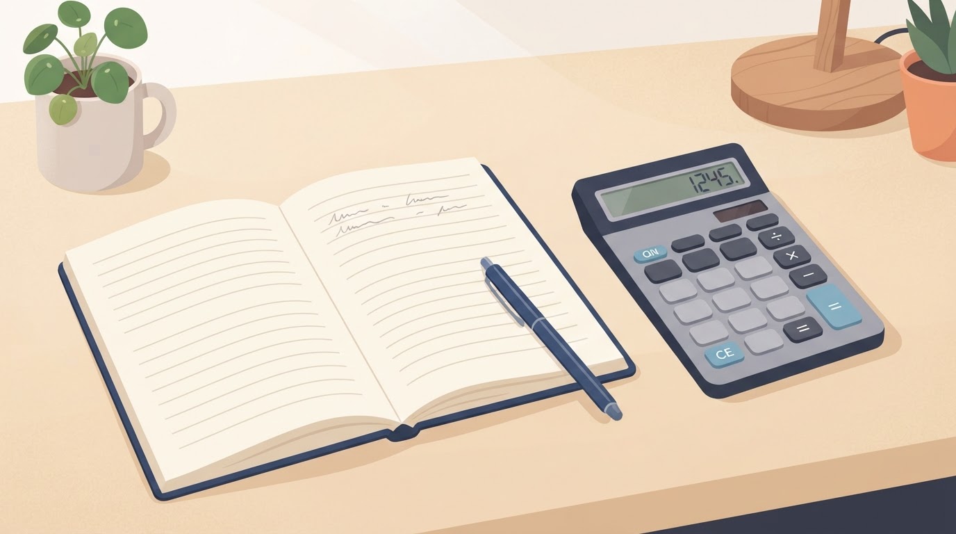 A calculator beside an open notebook and a pen on a desk