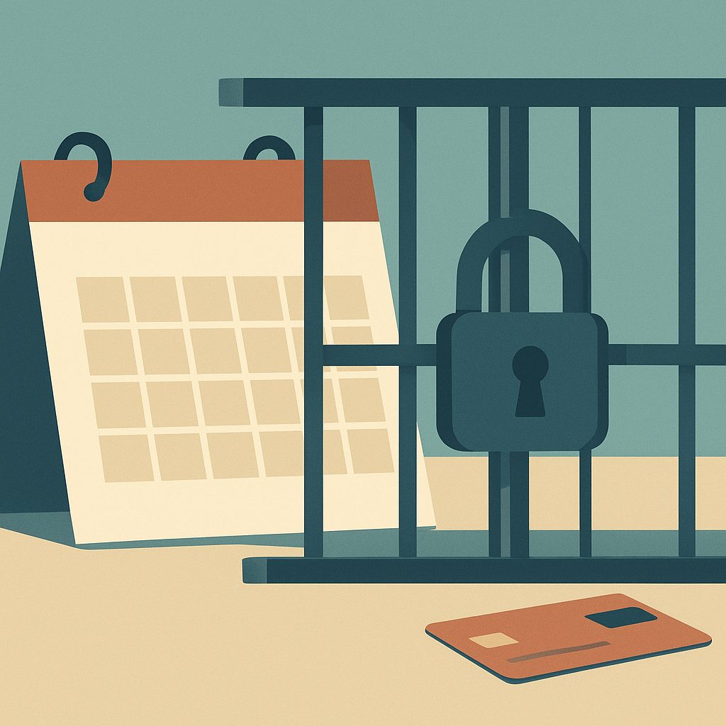 A calendar page half-covered by a slowly closing metal gate with a padlock, a credit card lying on the table beside it