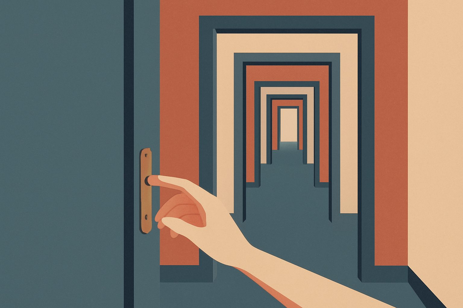 A corridor of nested doors, each opening onto the next, the daylight outside visible only faintly at the far end, a hand paused on the first handle