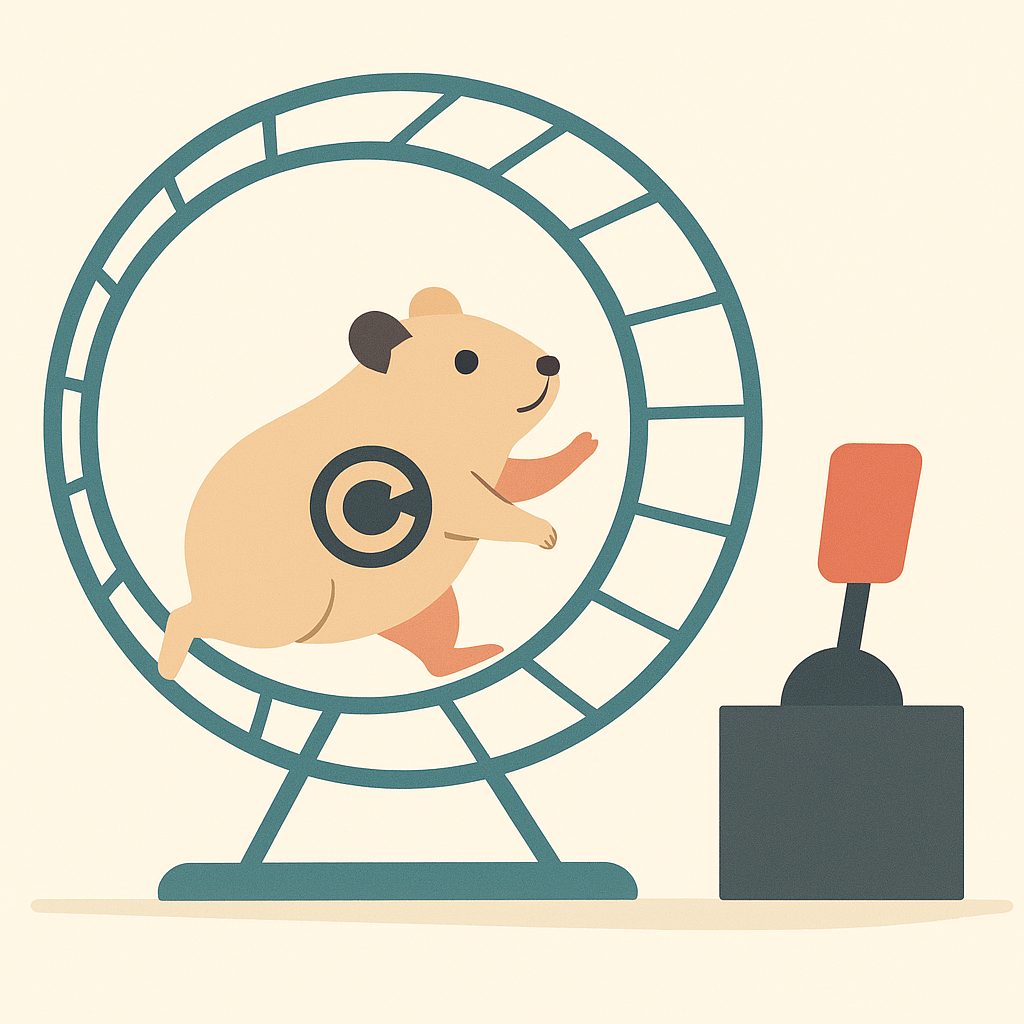 a hamster wheel where the hamster is a tiny recurring subscription logo running in place, a cancel lever just out of its reach