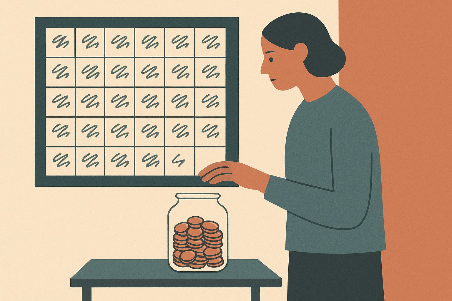 a person staring at a jar of coins labeled I will cancel it next month, a wall calendar behind showing the same note repeated across many months
