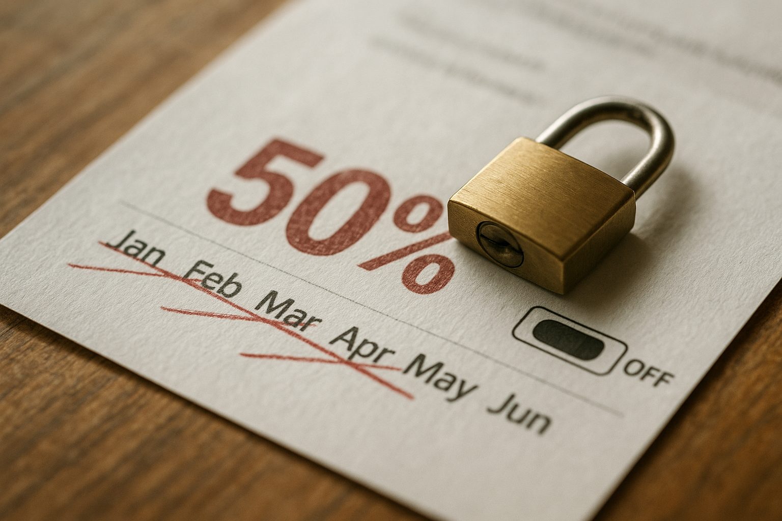 A credit card statement with the remaining months of an annual contract crossed out in red ink, a 50% figure stamped over the crossed-out portion, a small padlock resting on a disabled auto-renew toggle