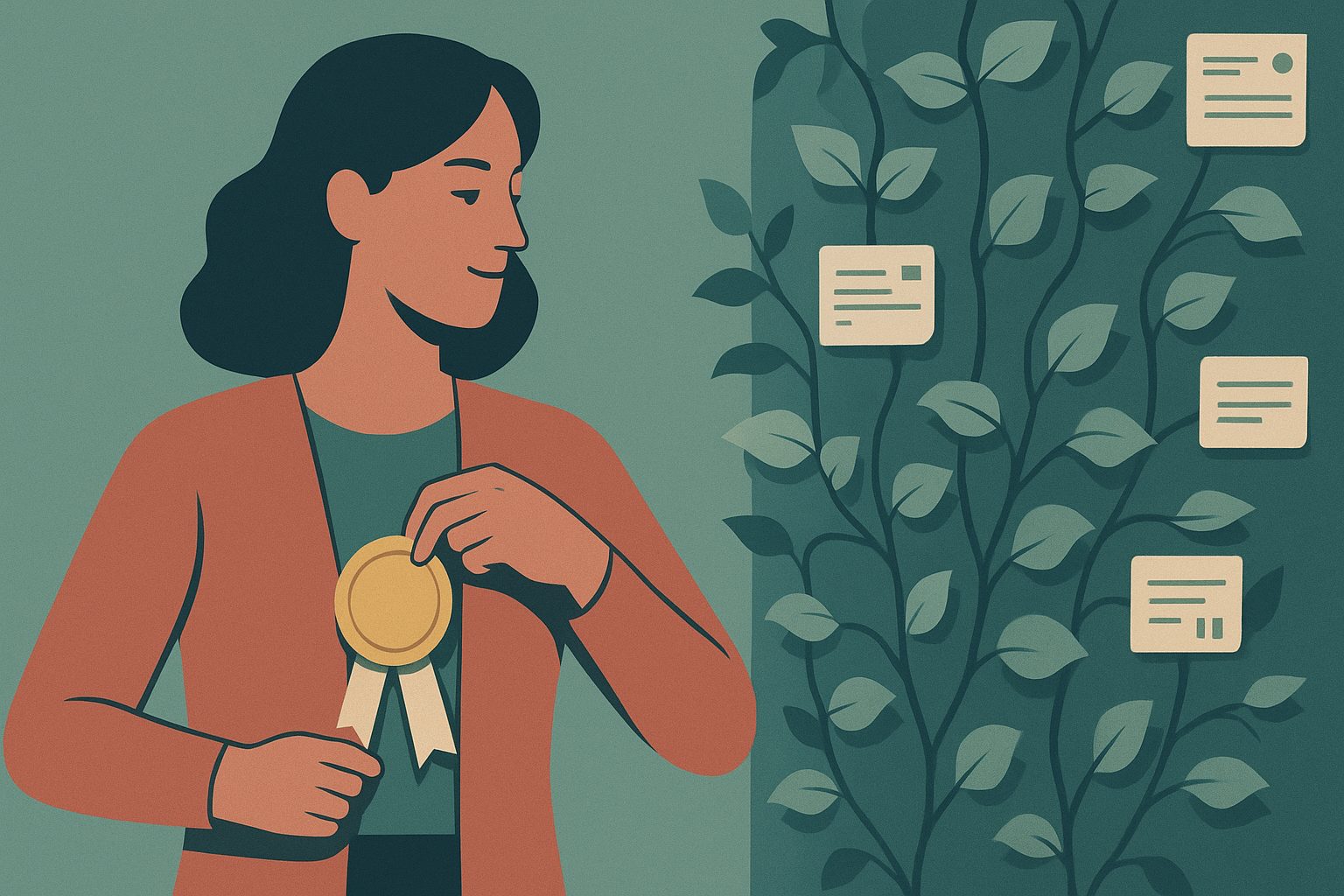 A person pinning a medal labelled “responsible planner” to their own chest while, behind them, a wall of monthly subscription charges quietly keeps multiplying like ivy