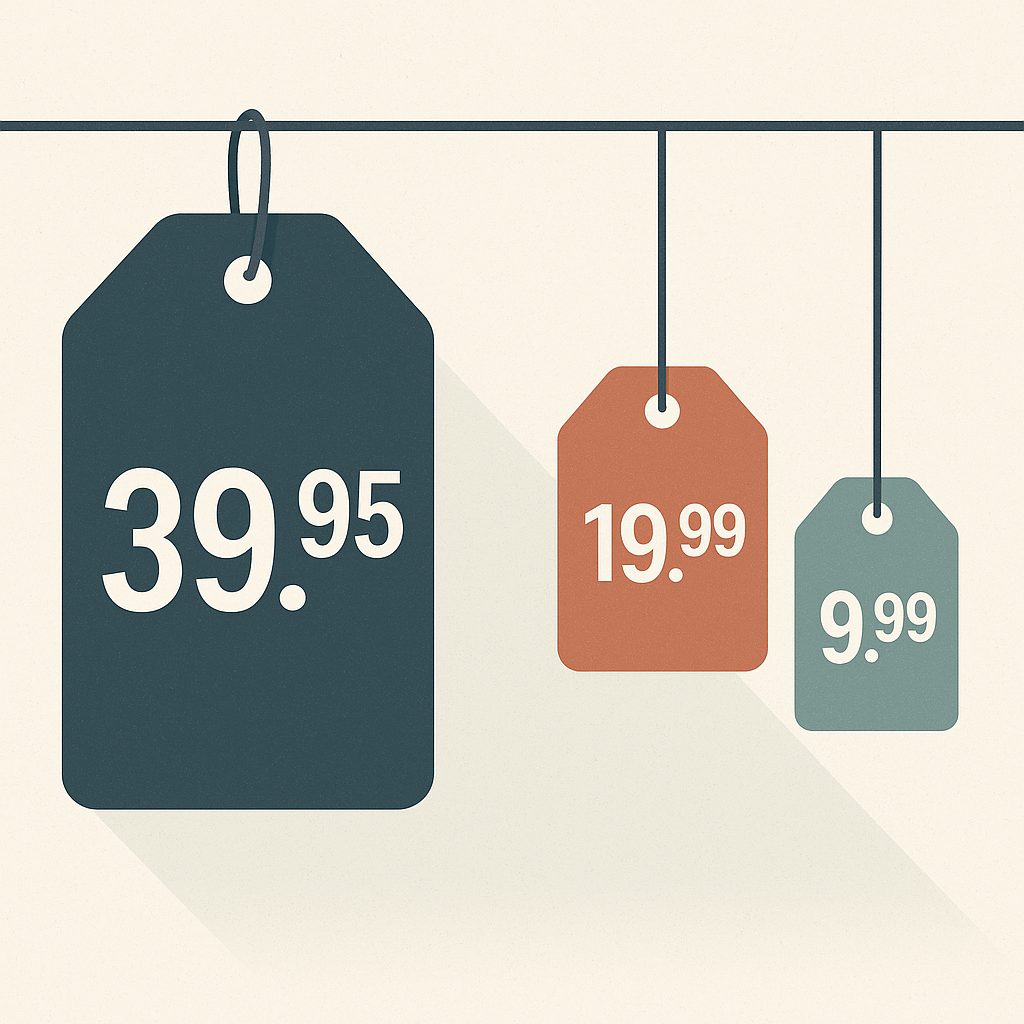A price tag showing $39.95 next to two smaller tags of $19.99 and $9.99, with the gap highlighted