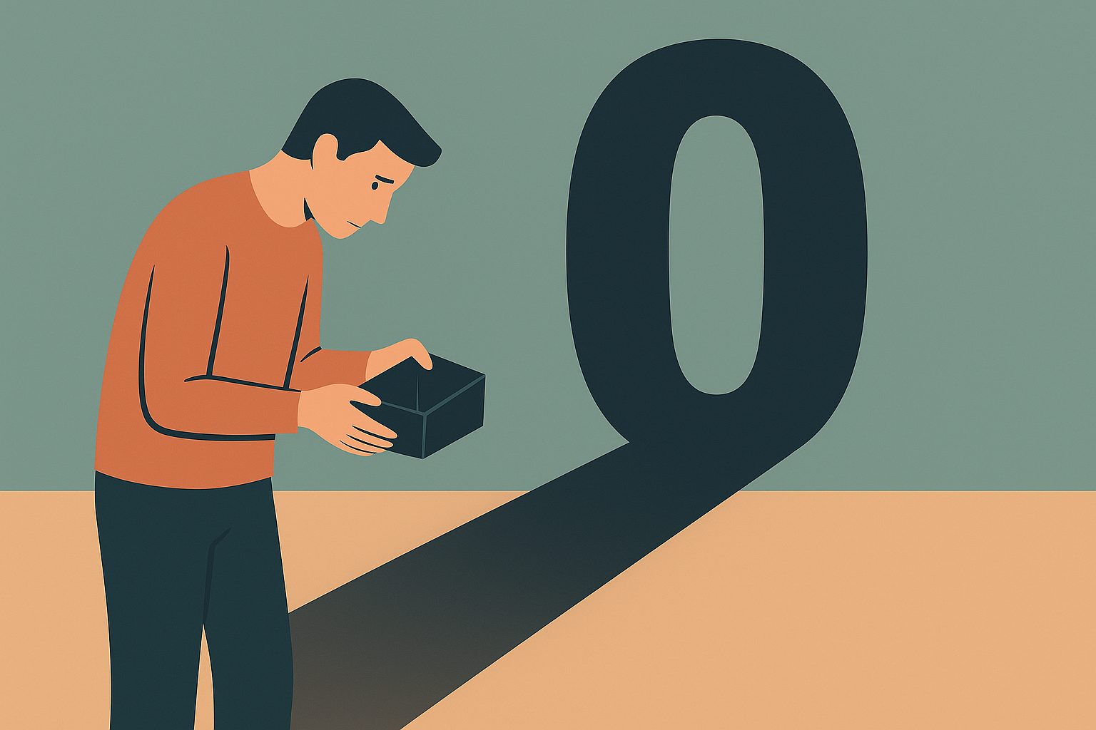 a person peering into an open wallet while a giant shadowy number looms on the wall behind them