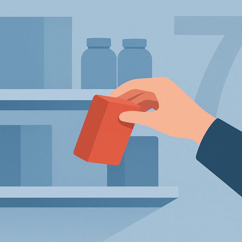 a hand placing a small item back onto a store shelf, a faint ghost of a larger number fading into the background