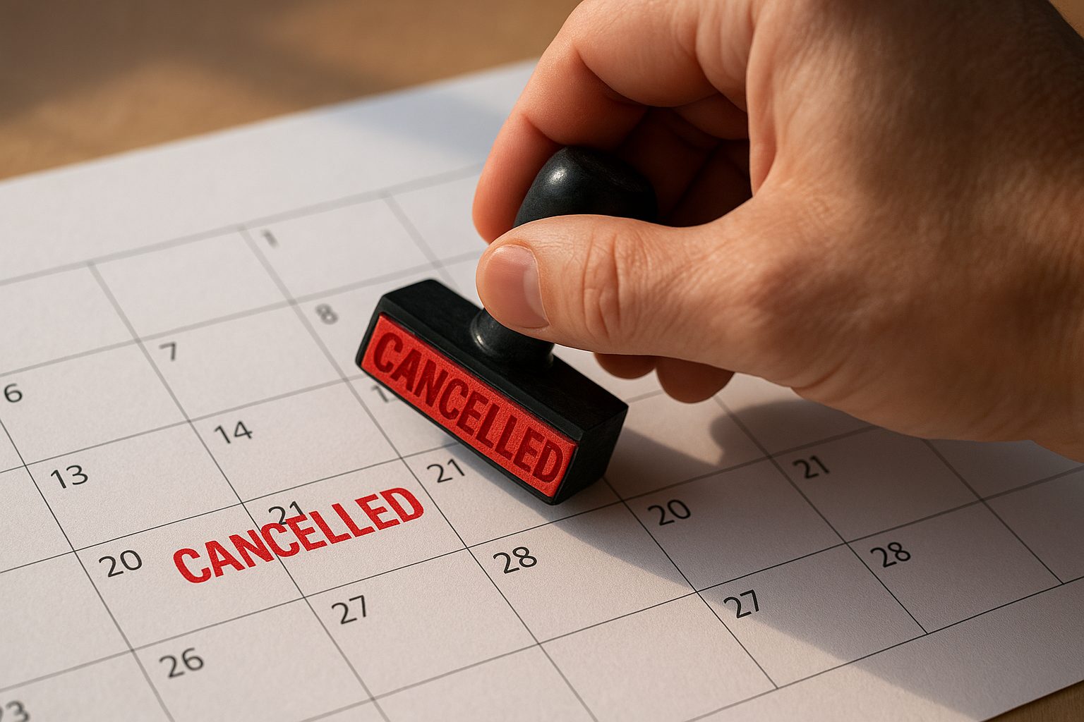 a hand slamming a red CANCELLED stamp onto day one of a calendar, while the remaining twenty-nine days stay brightly lit and still usable