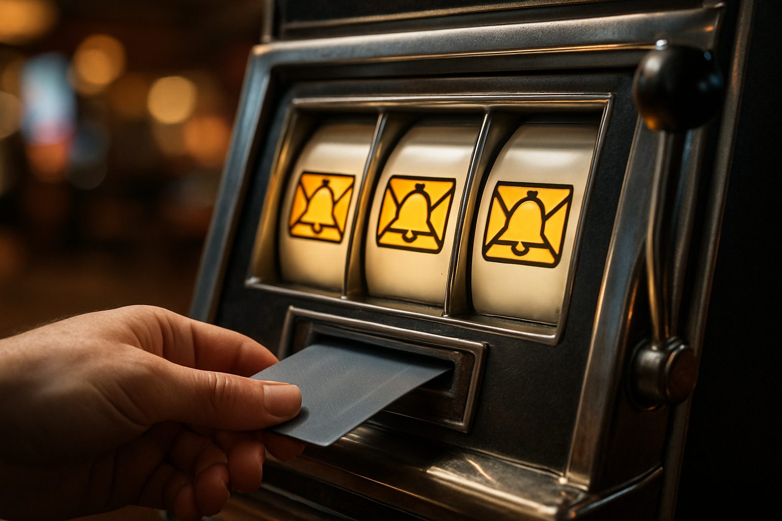 a credit card being fed into a slot machine whose reels have already landed on three matching SUBSCRIBED symbols, the lever still up in the air