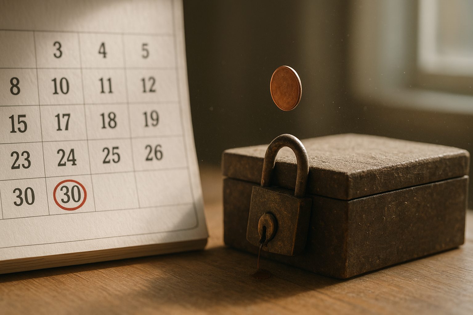 A calendar with day 90 circled in red beside a dusty padlocked box