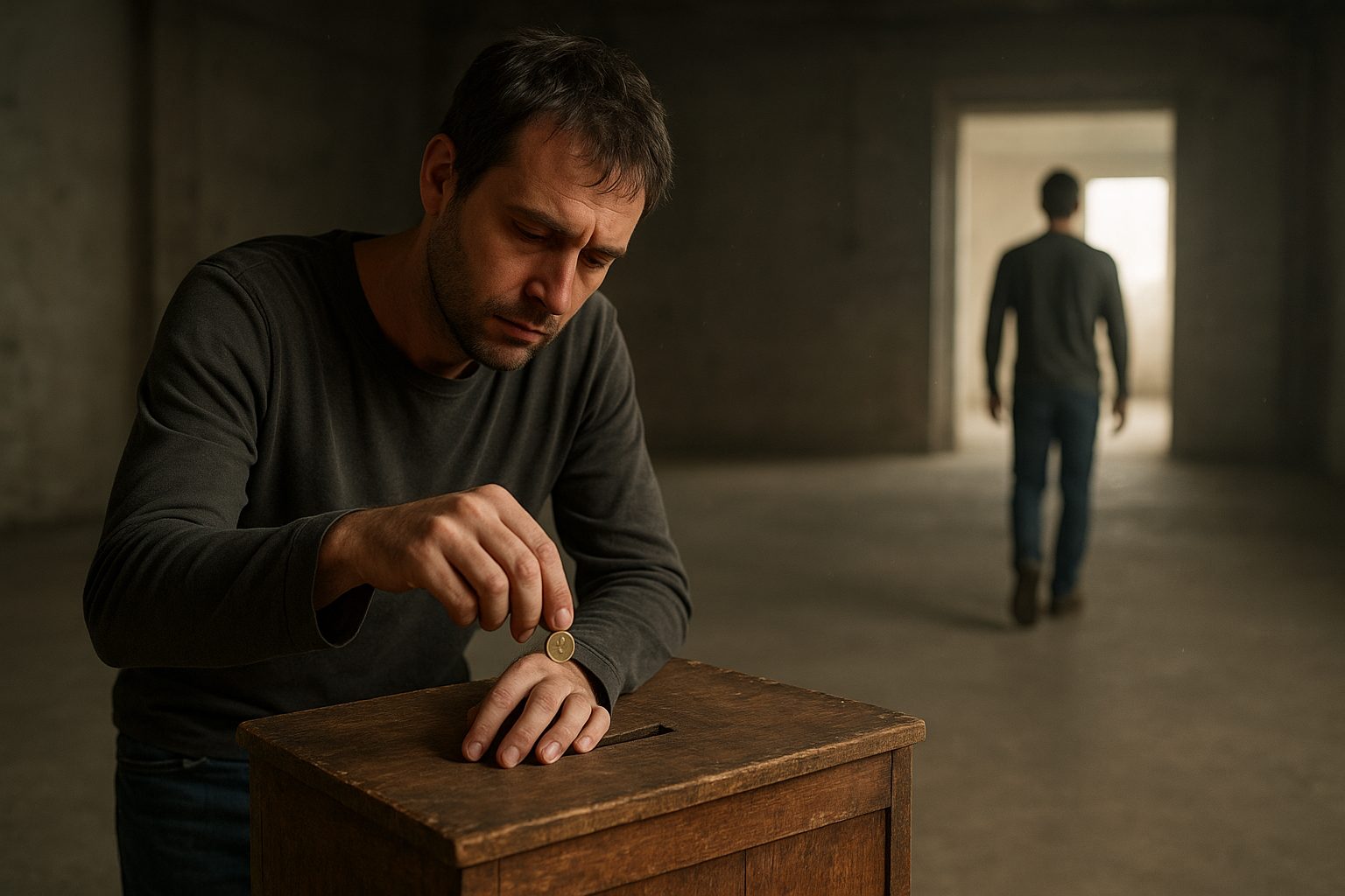 Two versions of one person, one paying into an unused box while the other walks away free