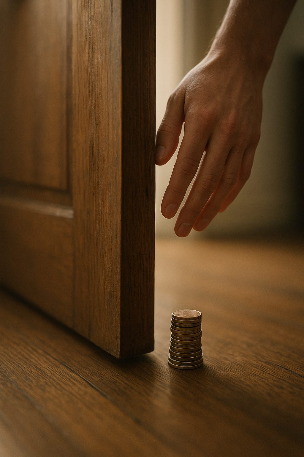 A slightly open door propped open with a stack of coins instead of a doorstop, a hand unsure whether to push it shut