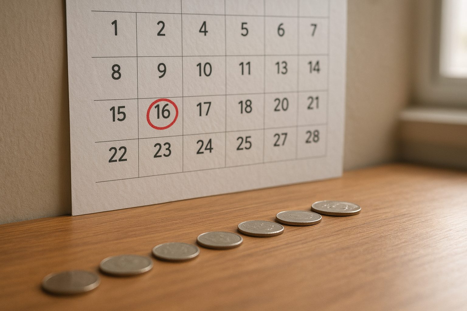A wall calendar with one future date circled, a line of coins already laid out leading to it