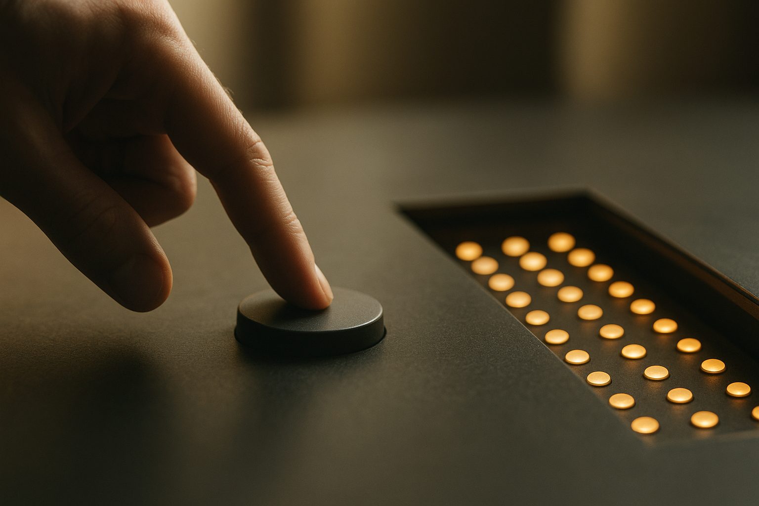 A hand pressing a large plain button while a hidden drawer slides open beside it, full of smaller glowing buttons reaching back toward the hand