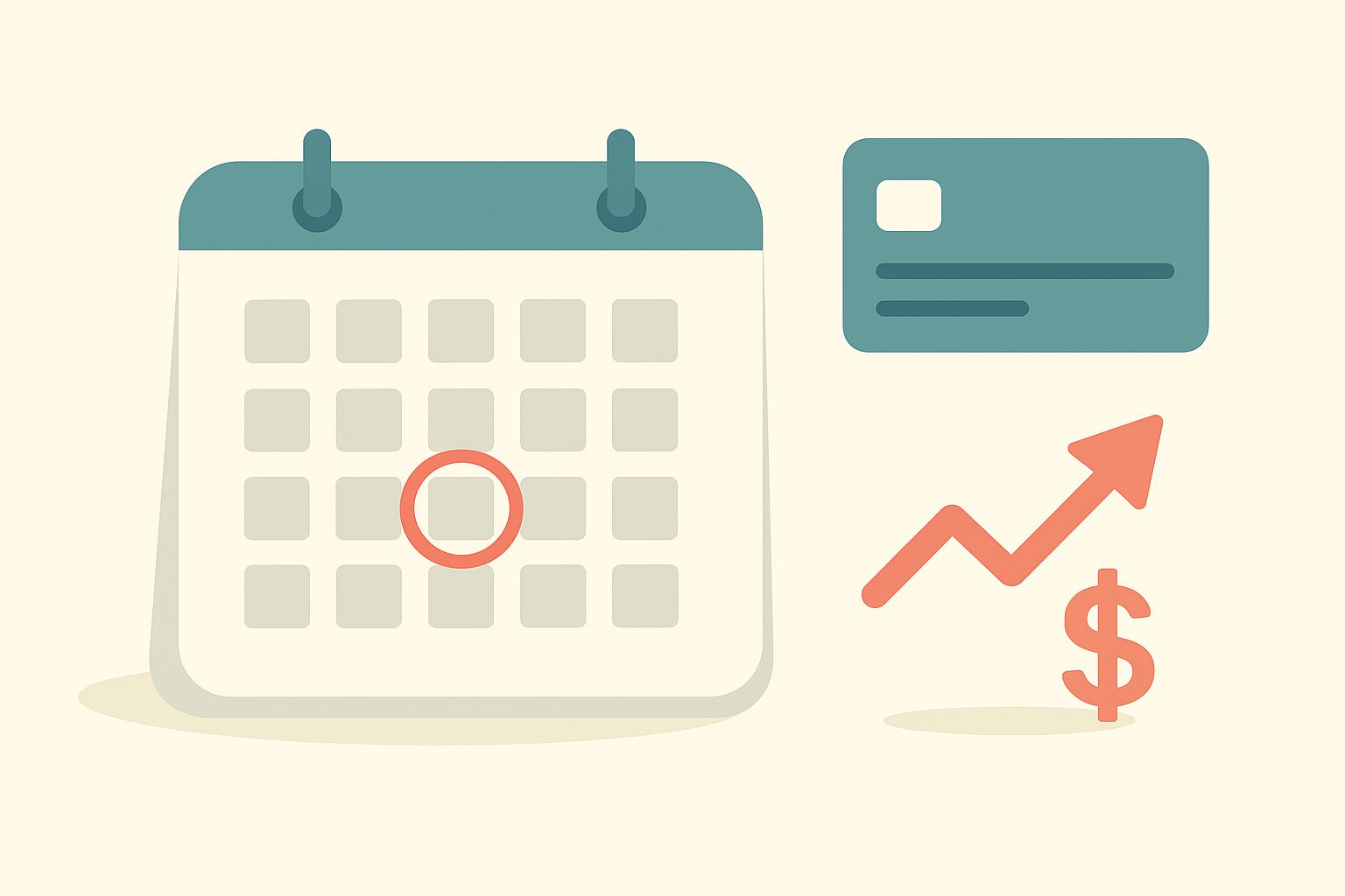 A calendar with one date circled in red and a credit card beside it