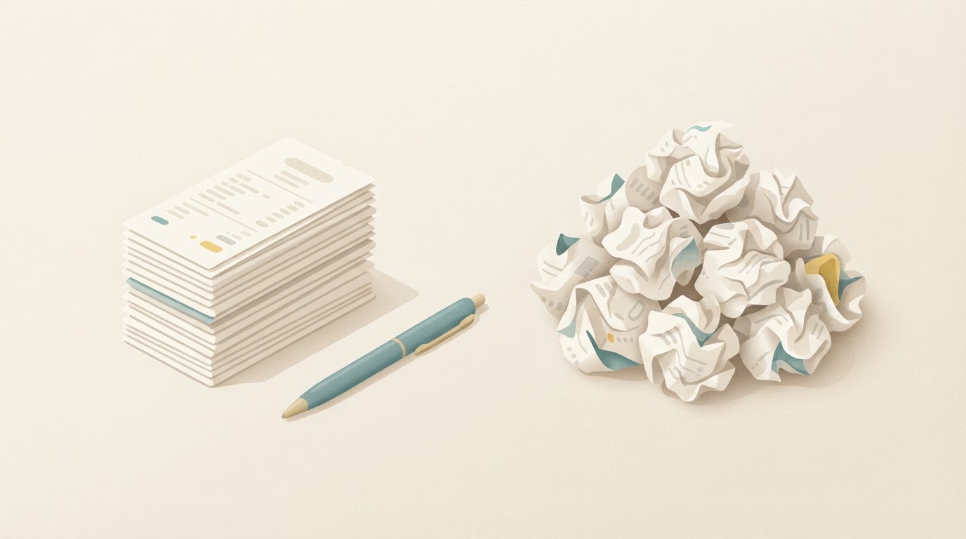A pile of crumpled receipts beside a neatly sorted stack and a pen