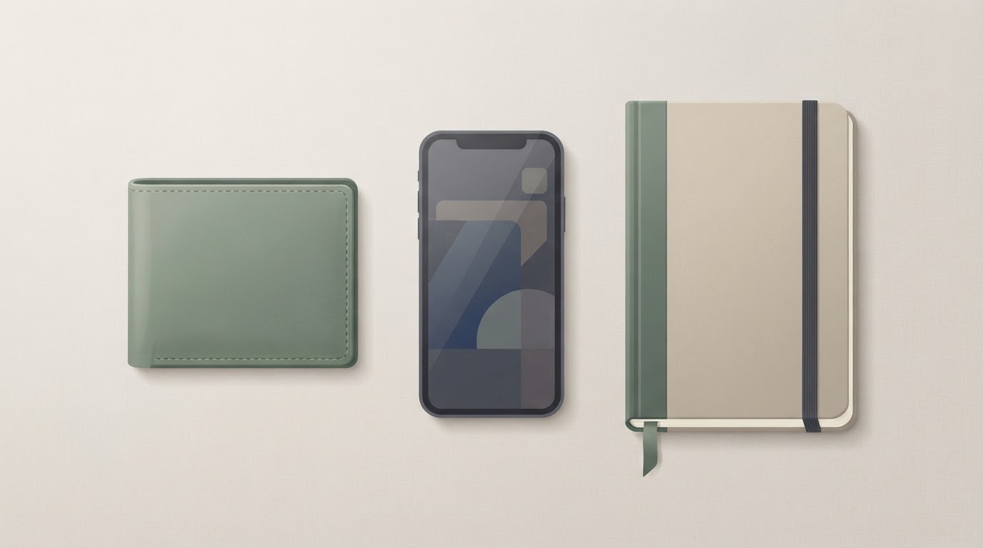 A wallet, a phone, and a notebook arranged in a flat-lay with a calm color palette