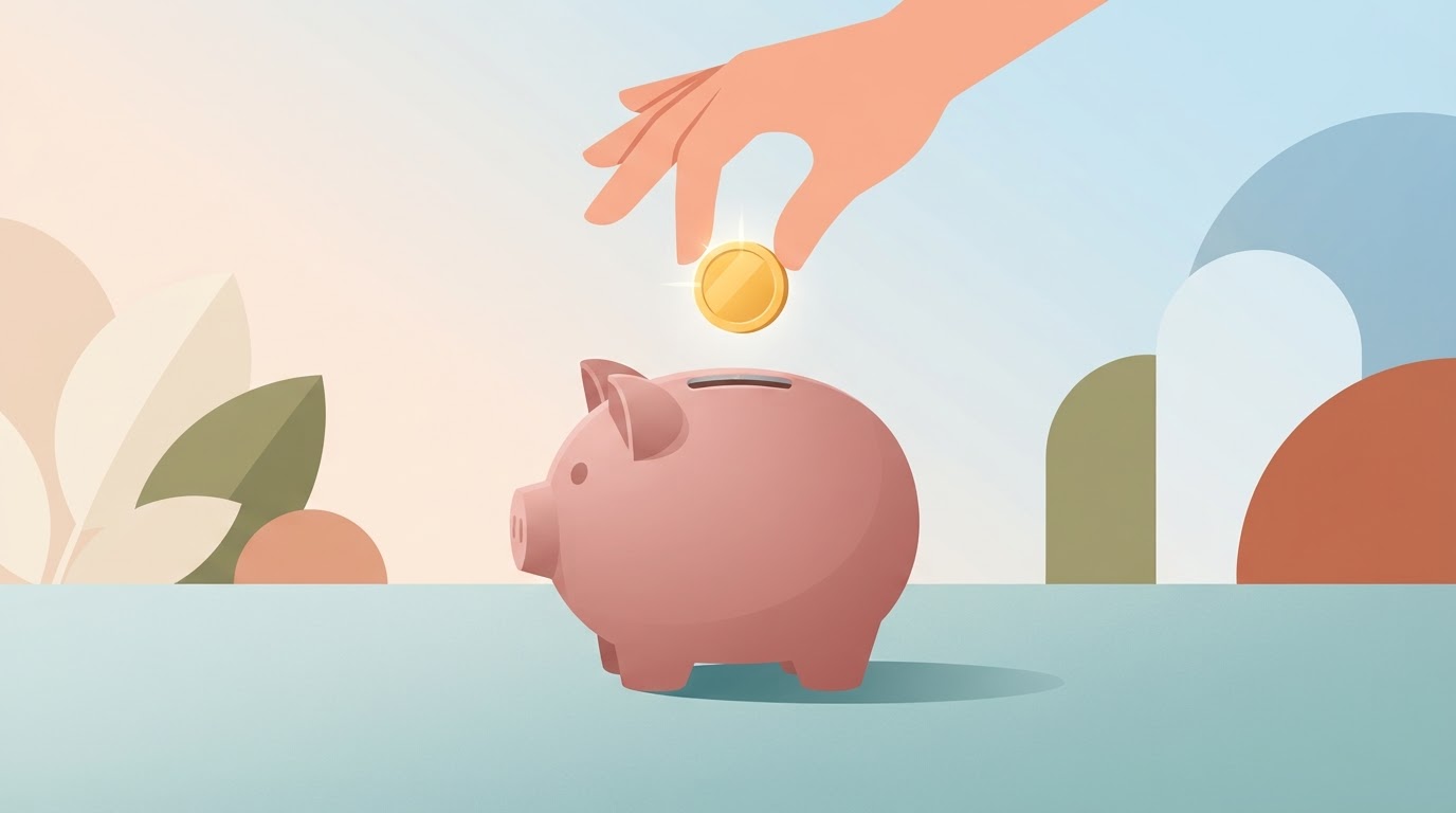 A piggy bank with a coin being dropped in, a hand hovering above the slot